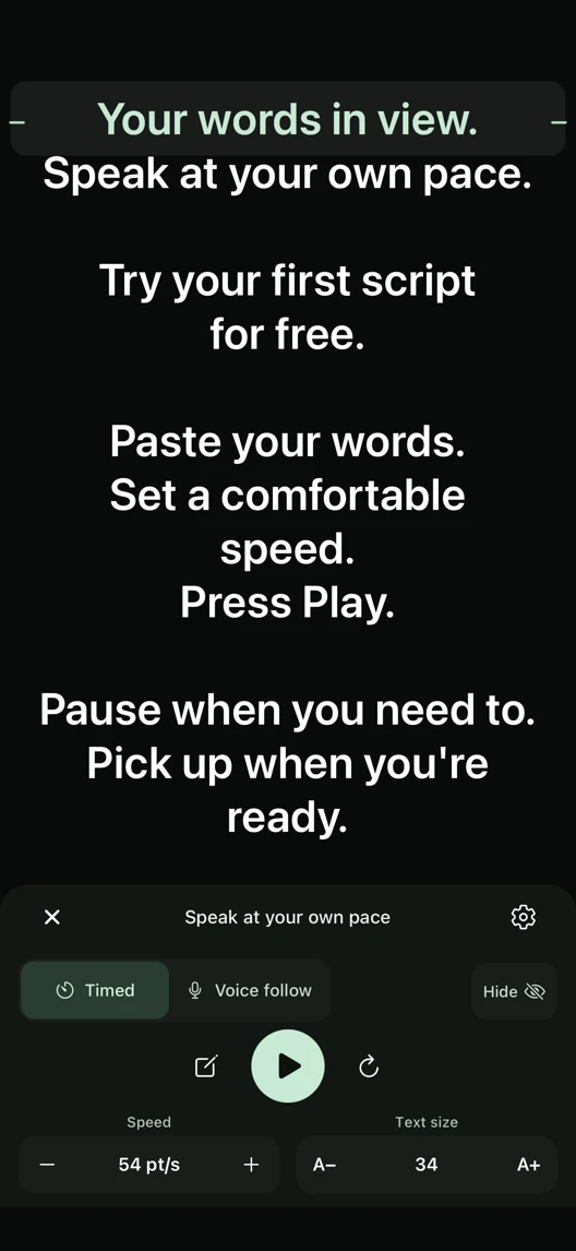 Rollside Prompter update preview showing a script in the dark reader with its reading focus and playback controls
